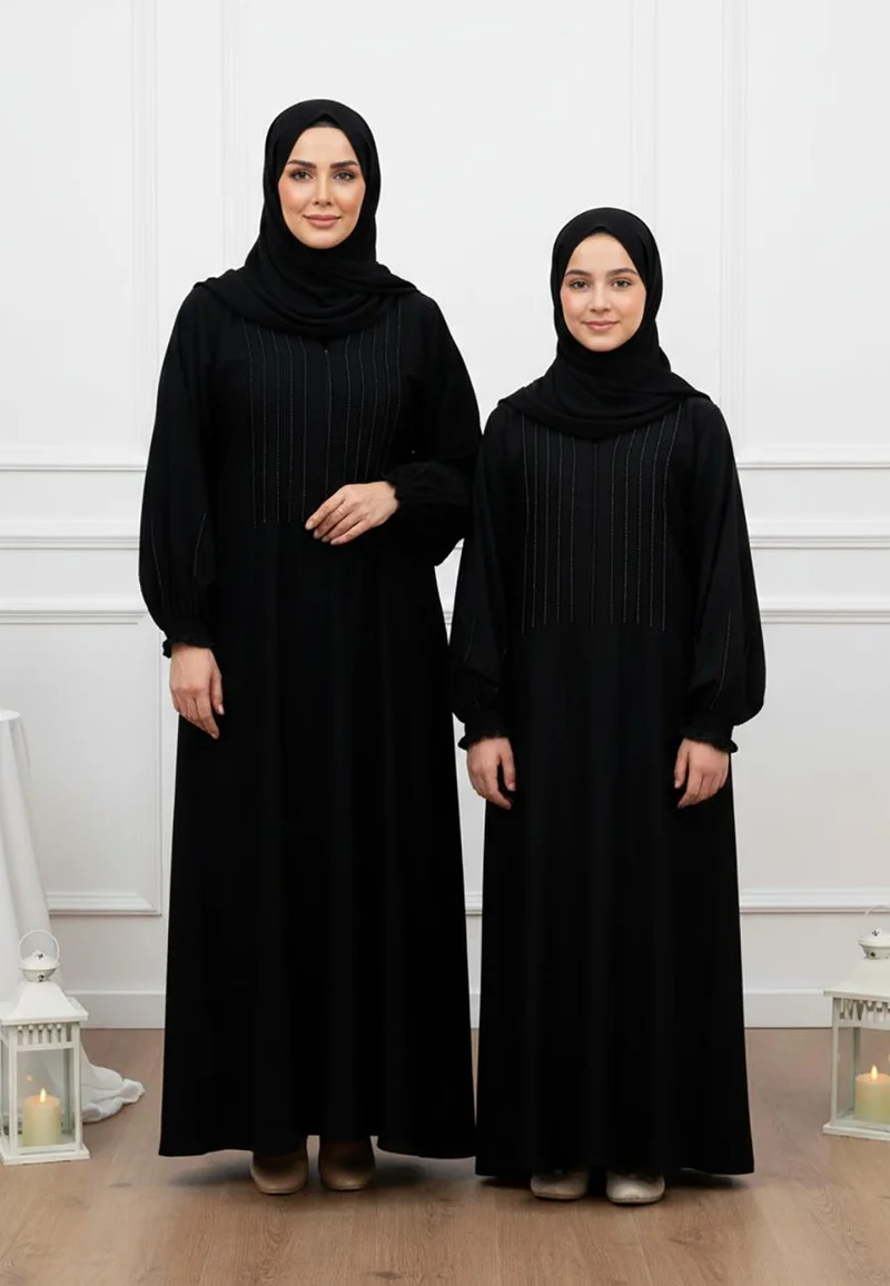 النخبة Luxurious Ameera Mother & Daughter Matching Abaya Set | Nida Fabric-656MD  (Dresses are sold individually. To create a matching mom and daughter set, please purchase two items in different sizes)